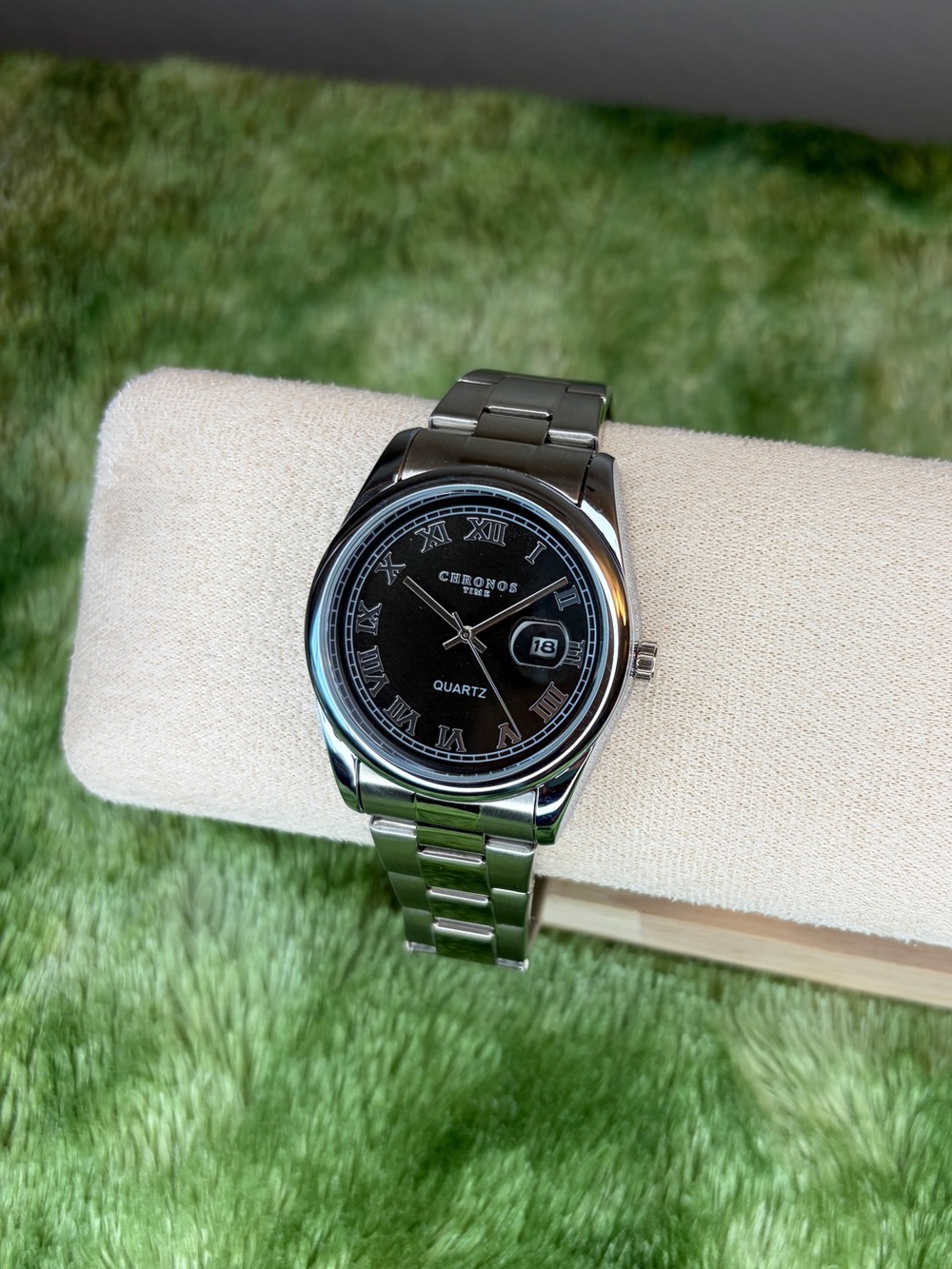 Men's Original Chronos Stainless Steel Black Dial Quartz Watch with Date Window
